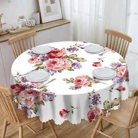 IBILIU Rose Floral Round Tablecloth,Watercolor Flowers Pink Flowers Purple Flowers Table Cloth Circular Table Cover Decorative for Kitchen, Dining Desk, Party,Holiday,60 Inch