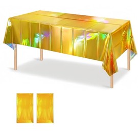 OQOQ Iridescent Table Cloths (2 Packs，Gold) - Rectangular Plastic Table Cover Disposable Tablecloth Rainbow Birthday Decorations Waterproof Foil Tablecloth 54x108 Inch