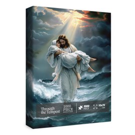 Christian Jesus Puzzles for Adults 1000 Pieces, Religious Bible Walking on Water Jigsaw Puzzle, Art Nature Landscape Faith Catholic Puzzle