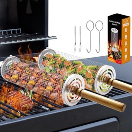 JOWILIN Nesting Grill Basket, 2 Pcs Rolling Grillingg Net with Removable Wooden Handle, 304 Stainless Steel BBQ Accessories Tool for Shrimp, Vegetables for Outdoor Cooking, Camping, for Men Husband