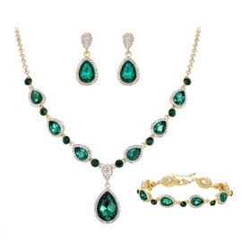 EleQueen Women's Wedding Bridal Jewelry Set for Brides Bridesmaids, Emerald Gold-Tone Rhinestone Crystal Teardrop Necklace Earrings Bracelet Jewelry for Party Prom