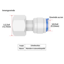 PAROAD 8 x I-shape quick fitting, 1/2 inch female to 1/4 inch push-fit quick connection for water filter hose, reverse osmosis, water installations (1/2 to 3/8 inch (12.7 mm to 9.53 mm))