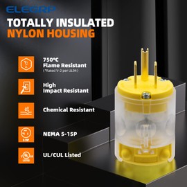 ELEGRP Lighted 15 Amp 125 Volt NEMA 5-15P 2 Pole 3 Wire Grounding Straight Blade Electrical Plug Replacement Cord Outlet Commercial Grade, Yellow, 5 Pack