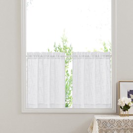 PONY DANCE Net Curtains, Short Linen Look Curtains, White, Semi-Transparent, Bistro Curtain, Set of 2 Curtains for Small Windows, Kitchen, Living Room, Short, W 60 x H 120 cm, White
