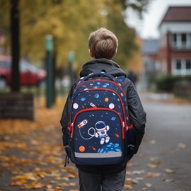 School Backpack Kids Bookbag Set-with Lunch Bag & Pencil Case Elementary Preschool Kindergarten Supplies for Boys Large Capacity Backpack Set (Dark Blue Space)