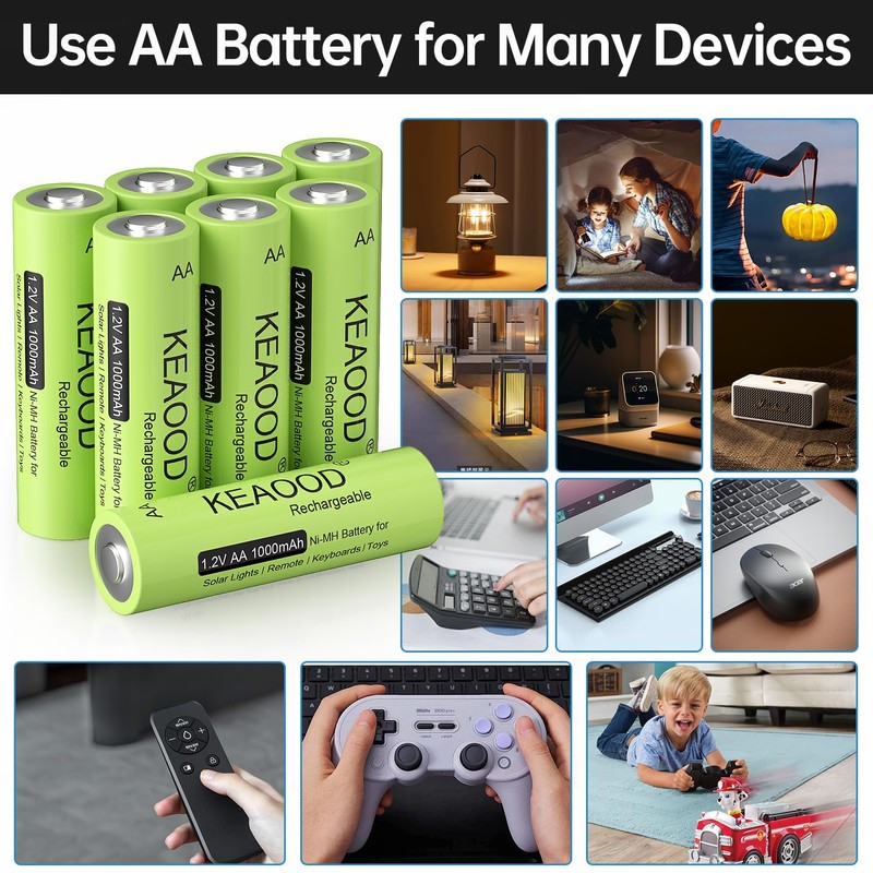 KEAOOD Ni-MH Rechargeable AA Solar Batteries 1.2v Pre-Charged 1000mAh Double