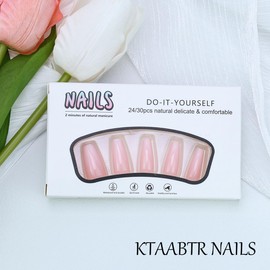 24PCS Pink Press on Nails Long Square Shape White Gradient Fake Nails with Glossy Design Handmade Coffin Acrylic Nails Light Transparent False Nails Stick on Nails for Women DIY Manicure