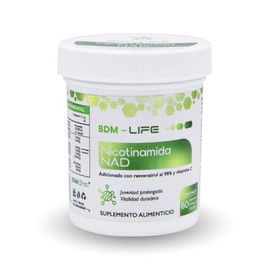 BDM LIFE NAD+ con Resveratrol 98%, Energía Celular y Antienvejecimiento Avanzado, Suplemento Antioxidante con Vitamina C, 60 capsulas