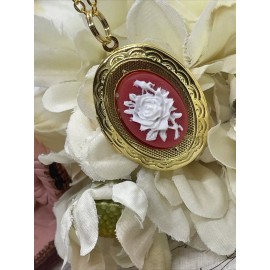 FANCY FOX BOUTIQUE Red White Gothic Vintage DARK ROSE Cameo Locket Pendant Necklace Woman Gold