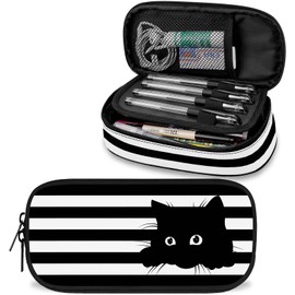 Black White Striped Cat Large Pencil Case Big Capacity Cute Pencil Pouch for Girls Boys Teen Women Men, Portable Kids Pencil Bag with Zipper, Stationery Storage Pen Bag for School Office Organizer