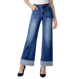 Queenwin Women’s Wide Leg Jeans High Waisted Stretchy Cuffed Baggy Denim Pants Blue X-Large