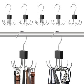 FIDWALL 5PCS Family Pack Wooden Matte Black Hexagon Belt Hanger - 360° Rotating 6 Hooks,Space Saving Organizer for Belts,Ties,Hats,Durable Wardrobe Storage with Anti-Slip Design(5 Pcs Matte Black)