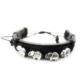Teri's Boutique Elephants Animal Pendant Faux Leather Adjustable Antique Style Strand Fashion Bracelets (Black Silver)