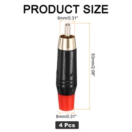 sourcing map 4Pcs RCA male plugs/connector/adapter, Speaker Wire Connector, RCA Solder Gold-Plated Copper Male Stereo Audio Connector Adapter 8MM Jack(Black, Red/black Rubber Ring)