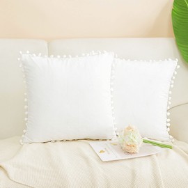 PiccoCasa Velvet Pillow Covers,2 Pom Pom Throw Pillow Cover, Square Solid Soft Cushion Covers for Sofa Couch Bedroom Car White 45 X45cm