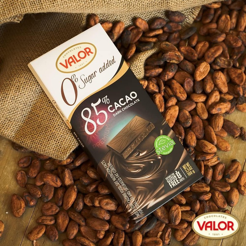 Valor. 85% Cocoa Dark Chocolate. No sugar added. 100g (3.53oz).
