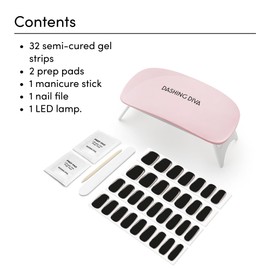 Dashing Diva Dashing Diva Glaze Nail Starter Kit - Real Black - Long Lasting, Chip Resistant, Semi-Cured Gel Nail Strips - 7-Piece Manicure Set with 32 Strips and Mini LED Lamp