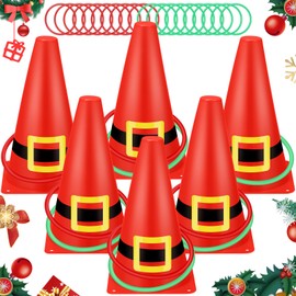 Jenaai 26 Pcs Christmas Ring Toss Game Outdoor Carnival Party Games Include 6 Pcs Plastic Cones 20 Pcs Toss Rings for Boys Girls Adult School Family Garden Throwing Toy Supply(Christmas)
