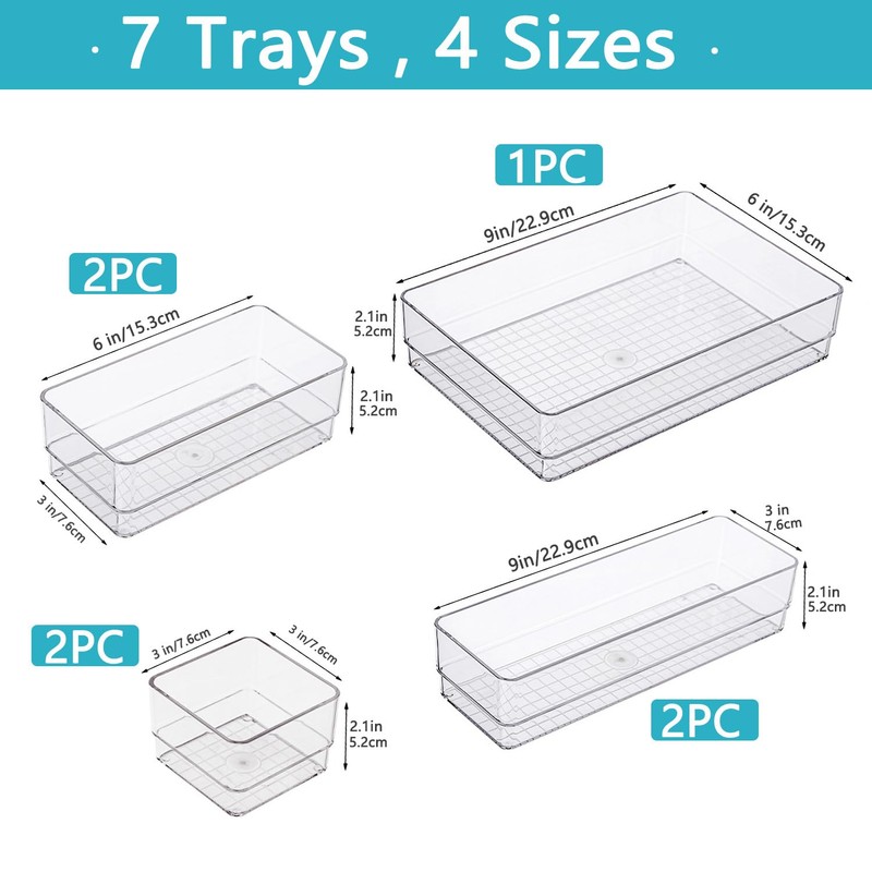 7 PCS Stackable Clear Drawer Organizer, Vanity Drawer Organizer Trays,