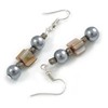Grey Glass and Antique White Shell Bead Drop Earrings with