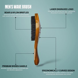 Beard Captain Curve Palm Brush - Medium Hard - Yellow/Red Finish Wooden Handle with Boar and Nylon Bristles Mix Men's Hair Brush for 360 Waves