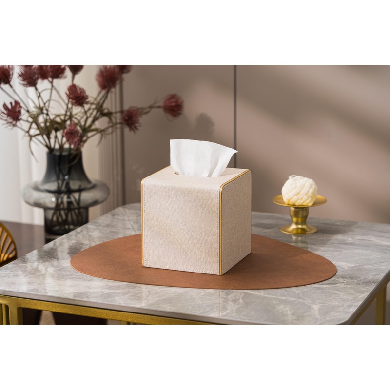 Ukwell Square Tissue Box Cover Linen-Textured Faux Leather Tissue Holder