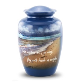 Footprints Cremation Urn - Ocean Blue Memorial Urn with Beach & Waves – Full-Size Handcrafted Metal Funeral Urns for Men & Women’s Ashes (Up to 210 lbs) – A Beautiful Tribute for Ocean Lovers