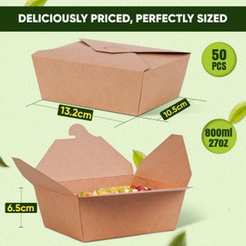 HURUC Kraft Paper Takeaway Boxes – 100% Compostable, Eco-Friendly Food Containers for Takeout & Meal Prep, Disposable and Recyclable Packaging for Restaurants & Cafes (Pack of 50-800ml)