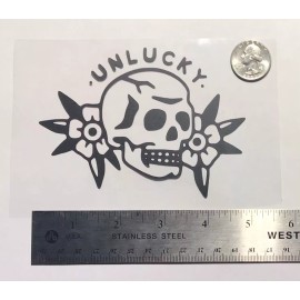 Unbranded Unlucky Skull & Flowers BLACK vinyl decal tattoo-style weatherproof 3.5 x 4.75"