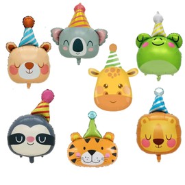 7PC Animal Head Balloons with Birthday Hats - Jungle Theme Foil Decor for Kids Birthday & Baby Showers (Giraffe/Bear/Lion/Tiger/Koala/Frog/Sloth)