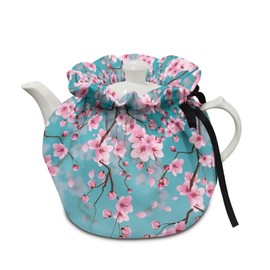 KUIFORTI Pink Cherry Tea Cozies Teapot Dust Cover Blue Tea Cosy Breakfast Pot Cover Tea Pot Cozy for Keeping Warm Insulated Kettle Cover for Home Office Decor