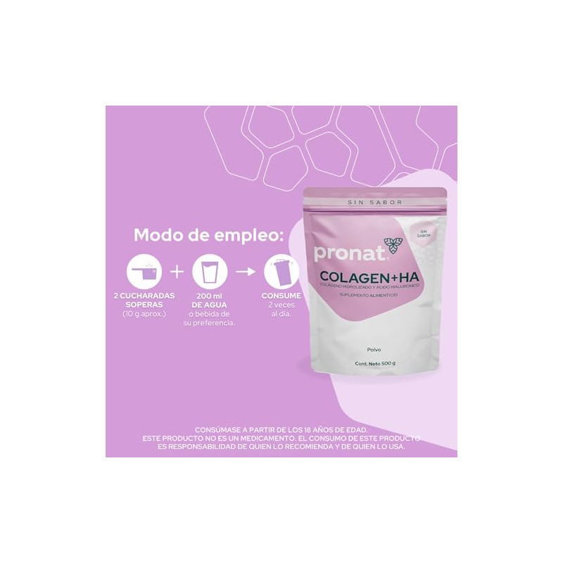 Pronat Colágeno Hidrolizado Ácido Hialurónico Suplemento Alimenticio Sabor Natural Bolsa