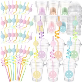 Yaomiao 36 Set Smile Face Sipper Cups with Straws and Lids, 12 oz Clear Plastic Cups Happy Face Party Cups with Lids for Happy Birthday Party Bachelorette Baby Shower (Color Style)