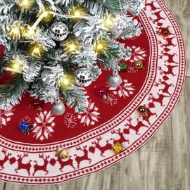 Figarge Christmas Tree Skirt Round Large Christmas Tree Skirt for Christmas Tree Decoration, Thick Knitted Double-Sided Christmas Tree Skirt with Snowflake and Reindeer for Christmas Holiday (122 cm)