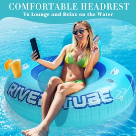 Sonwyoung 8 Pcs 53" Heavy Duty River Tube Float Inflatable Pool Floating Tube for Adult Large River Raft Water Chair Lounger with Mesh Bottom Backrest 2 Cup Holders and Handles,Holds 300lb