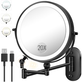 vpu 9" Wall Mounted Makeup Mirror with Light, 20X/1X Height Adjustable Double Sided Magnifying Bathroom Lighted Mirror, 3 Color Touch Dimmable Extended Arm 360 Rotation Light up Magnification Mirrors