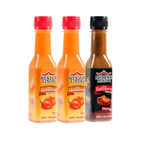 Mexico Lindo Hot Sauce Variety Pack | Includes 2 Bottles of Red Habanero + 1 Bottle of Xxxtra Hot | 5 Fl Oz Bottles (Pack of 3)