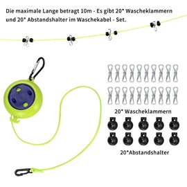 Camping Clothesline, Extendable Clothesline, 10 Metres, Travel Clothesline, Camping, Portable Non-Slip Washing Line for Outdoor Travel Camping Accessories, with 10 Fixed Buckles, 20 Clothespins