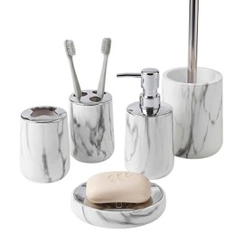 Set de Accesorios para Baño 5 Piezas Diseño Acabado Brillante Tipo Mármol  Incluye Escobilla, Dispensador, Vaso, Porta Cepillos y Jabonera