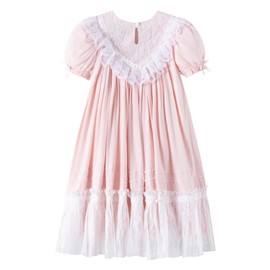 Girls Dress, Girls Gowns, Lace Heirloom Dress, Puff Sleeve, Cute Long Style for Kids Pink