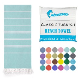 cabanana Cotton Turkish Beach Towel - Lightweight Peshtemal Towel, Sand Free Turkish Towel for Beach, Bath, Pool, Travel, Quick Dry Oversized Prewashed Hammam Towel (New Aqua)