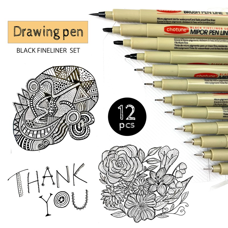 Drawing Pen Black Liner Needle Pen Black Pen 12pcs Brush