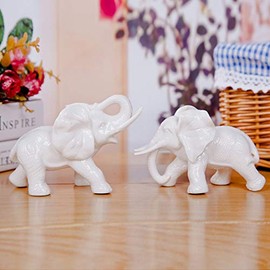 Gishima Set of 2 White Ceramic Elephant Lovers Statue Figurines Porcelain Crafts Art Ornaments Home Decor Office Decoration Gift
