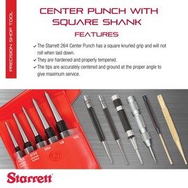 Starrett Steel Center Punch with Square Shank and Knurled Finger Grip - Hardened and Tempered, 4-1/4" Length, 5/32" Diameter Tapered, 3/8" Square Thickness - 264E