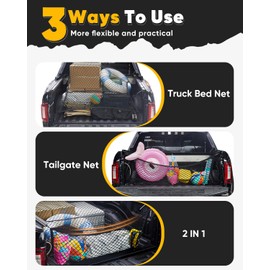 Zelvot Cargo Net for Pickup Truck Bed, 2 in 1 Truck Bed Net Tailgate Storage Truck Cargo Net, 4.3' x 4' Stretches to 8.6' x 8' Pickup Truck Bed Net Organizer Suitable for Daily Light Loads of Trucks
