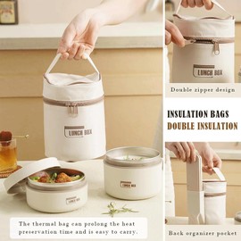 AMXGPT 2 Pcs Lunch Box Bento Boxes with Bag,Thermal Keep Warm Stainless Steel Lunch Box for Boy Girl SchoolOutdoor Camping(Beige)