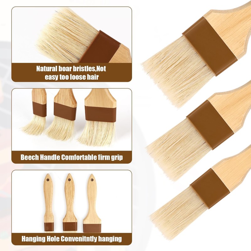 WEZCHUGHAOL 3Pcs Natural Bristle Basting Brushes Boar Bristle Brushes BBQ