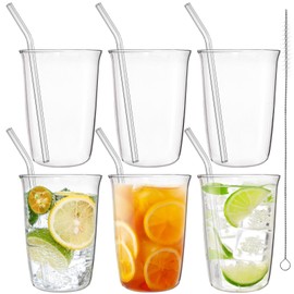 Nagpew 6 Piece Drinking Glasses, 16 Oz Clear Water Glass Set with Straws, Lead-free Highball Glass Cup Kitchen Glassware for Juice, Beverage, Cocktail, Ice Tea, Coffee, Soda