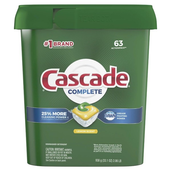 Cascade Complete Actionpacs Dishwasher Detergent, Lemon Scent, 63 Count