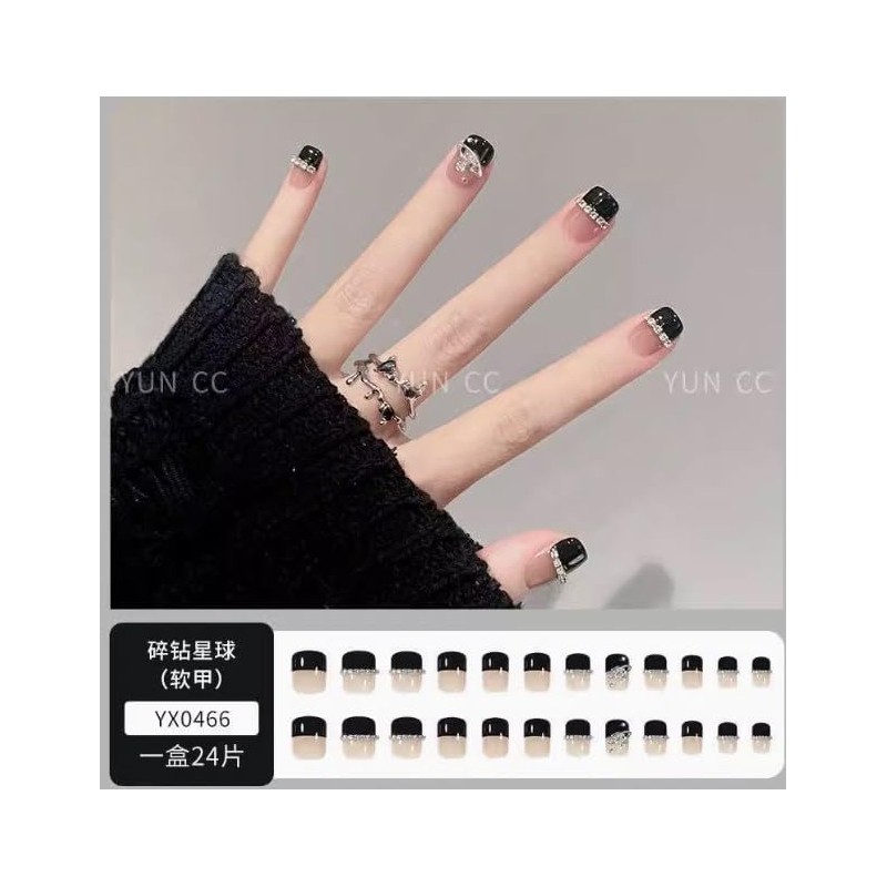 ネイルチップ 黒 ダイアモンド黒 24枚入り ネイル用品 ネイルチップ ショート ロング 春夏 ラウンドチップ